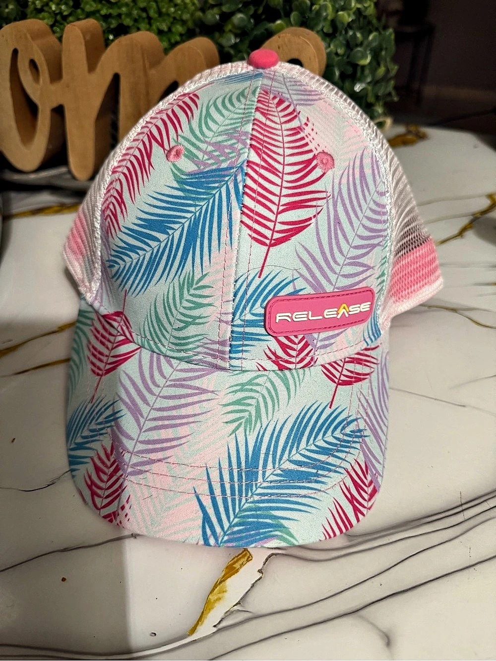 RELEASE Palm Print Mesh Trucker Hat in Pink & White Like New